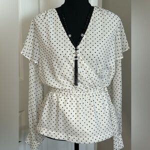 DKNY Blouse Black White Polkadot Long Sleeve Top Peplum Hem Size Small